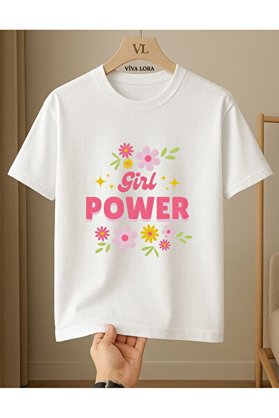 VİVA LORA Flowered Girl Power Printed 100% Cotton Crewneck Regular Women's Wh...