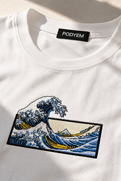 Podyem Japanese Wave Nakışlı Oversize Erkek Tshirt - Japon Dalgası