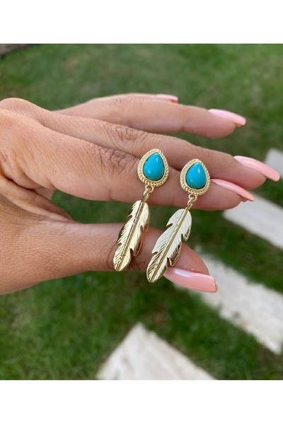 Bade Jewelry Fd Gold Blue Drop Stone & Pendant Feather Detailed Tarnish-Resis...