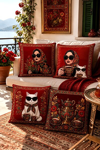 EVPANYA Kedi ve Kadın, Demlik Desenli 4'Lü Kırlent Kılıfı Seti