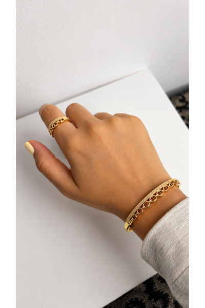 stainles steel Luxurious and Stylish Gold-Plated Zircon Bracelet and Hand Rin...