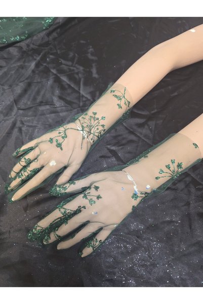 Qrsln Sabrına Plus Patterned Sparkling Short Gloves Emerald