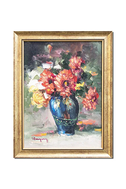 artnova Tablou pictat manual inramat, Vaza cu crizanteme, 45x35cm ulei pe pan...
