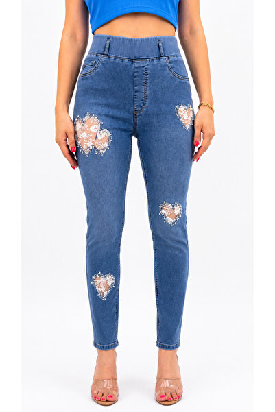 ZANESSİ FASHION Plus Size Lycra Stoned Denim Women's Trousers