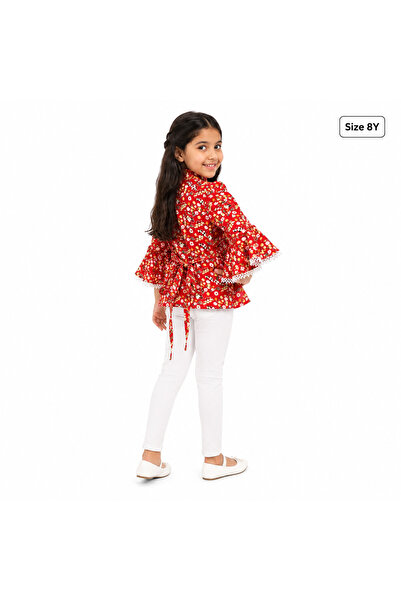 Generic Girls' Red Floral Print Blouse with Flared Sleeves and Lace |   For G...