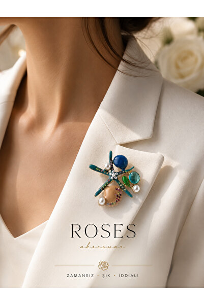 Roses Aksesuar Deniz Yıldızı İncili Taş Detaylı Broş Yaka İğnesi