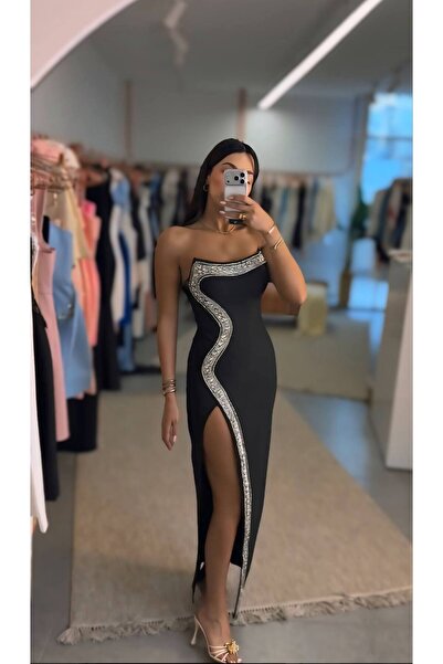NİCE STYLE KADIN TAŞ DETAY YIRTMAÇLI FUL LİKRALI ELBİSE
