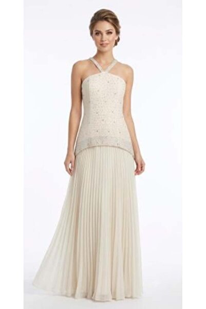 unbranded Women's Ivory Beaded Halter Neck Pleated Maxi Evening Dress – Elega...