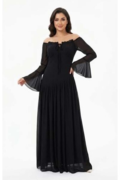 unbranded Women's Black Chiffon Off-Shoulder Maxi Dress with Flared Long Slee...