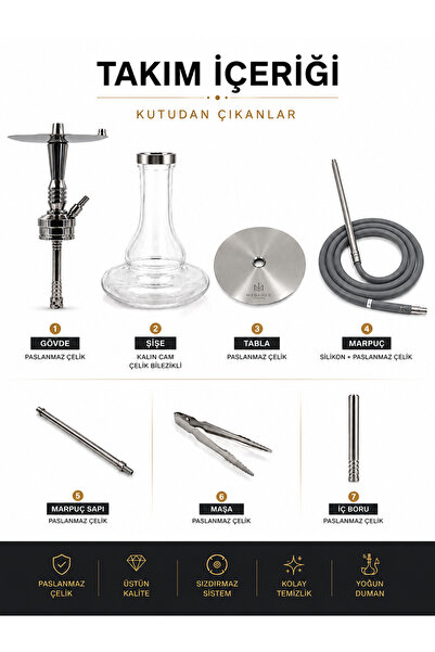MEGAHED Hookah G-106 Romeo 42 cm Paslanmaz Çelik Nargile Takımı