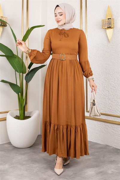 METKAR Belt Detailed Hijab Dress Taba