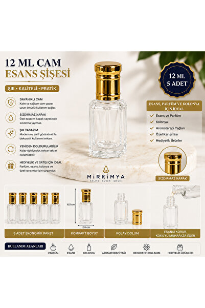 Mirkimya 12 ml Altın Kapaklı Cam Esans Şişesi Boş Parfüm Şişesi Dolumluk Cam ...