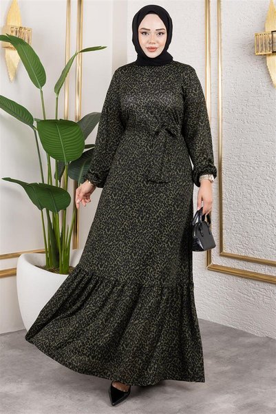 Mestore Patterned Hijab Dress Haki