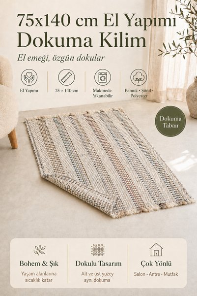 Fabrix Home El Dokuma Kilim 75x145 cm Ekru Pamuk Şönil Saçaklı Yıkanabilir Bo...