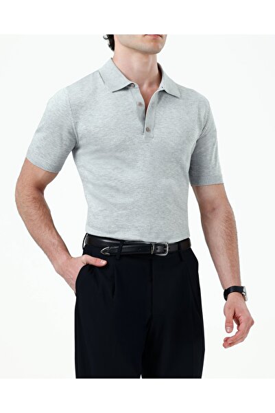 TerziAdemAltun Italian Style Slim Fit Polo Collar Knitwear T-Shirt Gray T12679