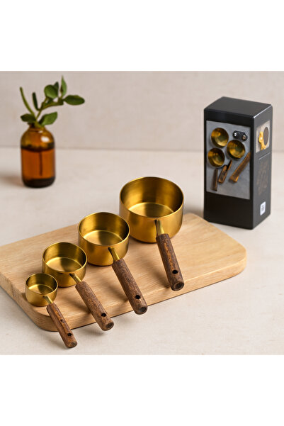 magicool 4-Piece Measuring Spoon Set (250/125/80/60 ml) - Gold Metal with Woo...