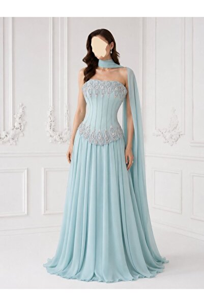 ranin Sky Blue Evening Dress with Chiffon Embroidery Double Cloche