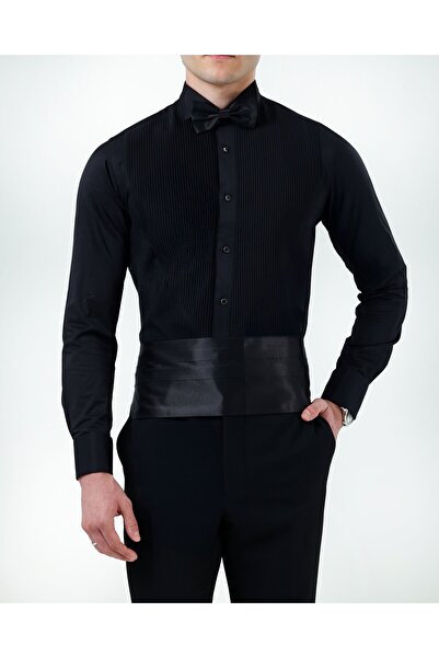 TerziAdemAltun Italian Style Slim Fit Men's Horse Collar Pleated Shirt Black ...