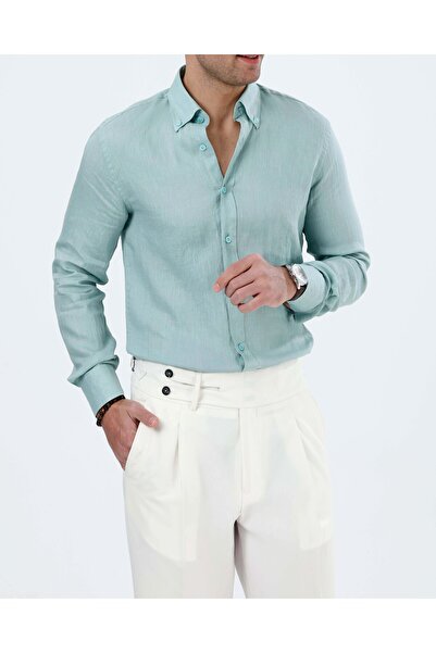 TerziAdemAltun Italian Style Slim Fit Men's Stand Collar Linen Shirt Mint Gre...