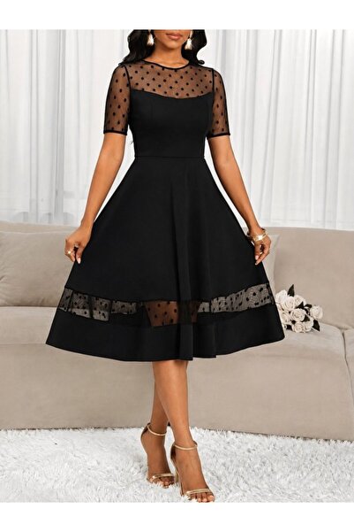 Wear Up Women's Short Sleeve Crew Neck Polka Dot Tulle Detailed Midi Janjan C...