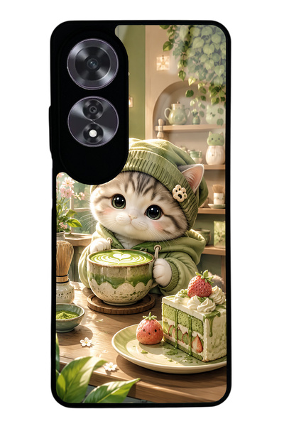 Spoyi Oppo A60 Matcha Kitty Café Tasarımlı Glossy Telefon Kılıfı