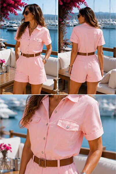 ON6STORE16 ON₆ Yıkamalı Gabardin Kemerli Cepli Şort Tulum | Yazlık Premium Ka...