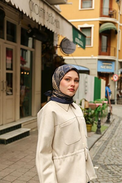 ENRİCO FERRİ Amore Marble Pattern Viscose Scarf - Navy Blue Beige