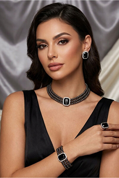 bb bridal boutique Baget Siyah Taşlı Füme Boncuklu Choker Set Takım, Füme Bon...