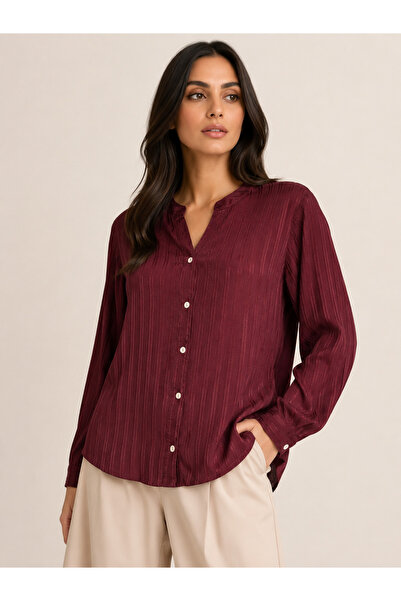 berlanty Luxury Pleated Satin Long Sleeve Blouse - Burgundy (Grape)