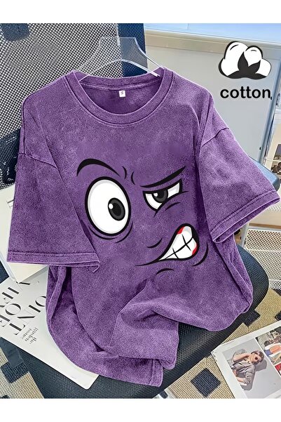 Toum Grumpy Face Printed Washable Vintage Unisex Oversize T-Shirt