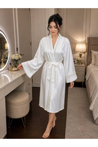 WarD Luxurious White Satin Bridal Robe – Elegant Embroidery & Adjustable Belt...