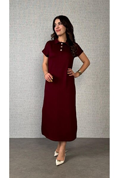 Livizmir Moda Women's Short Sleeve Collar Side Slit Viscose Two Thread Dress