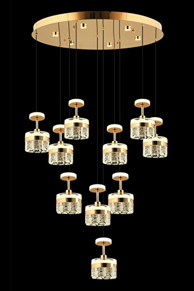 Avonni AV-7015-8044-9+1-S Gold Kaplama Klasik Avize LED Metal Kristal H: 110 ...