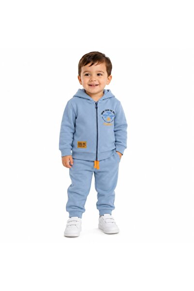 Tuffy Kids Erkek Bebek Mavi Kapüşonlu Fermuarlı 2’li Eşofman Takımı