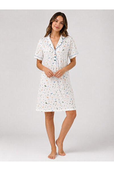 Alize Moda Short Sleeve, Bird Patterned 100% Cotton Women's Nightgown