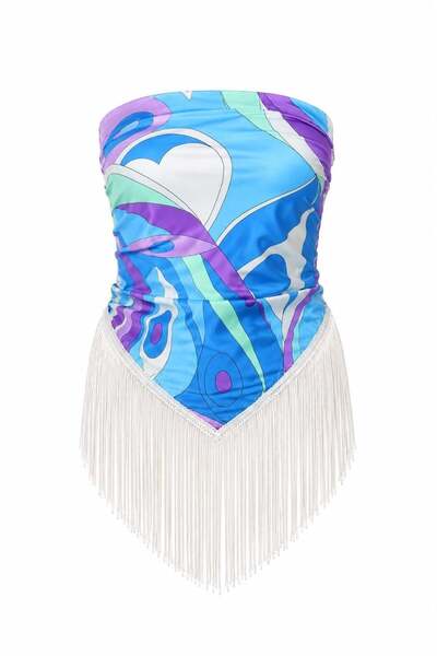 HAZELANNA Blue Shawl Blouse with Ties and Tassels
