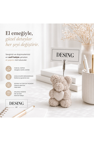 DESING BY El Yapımı Taş Tozu Ayıcık Not Tutucu – Dekoratif Masaüstü Not Tutucu