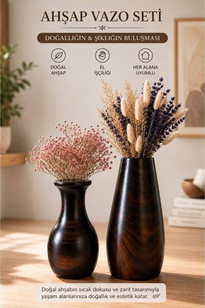 ENYAZA(2024) Handmade Natural Wooden Decorative Vase Set of 2 Large 20X10 cm ...