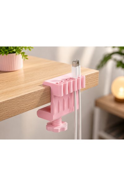 Veriqo3D Masa Kenarı Kablo Düzenleyici Kablo Tutucu Kelepçeli Şarj Kablosu Organizeri USB Type-C Lightning Masaüstü Kablo Sabitleyici 5 Girişli Pembe