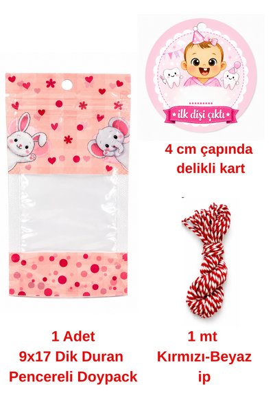 Dekals SET 1 Adet Pembe İLK DİŞİM Doypack Hediye Poşeti Seti (Kart+İp+Doypack Poşet)