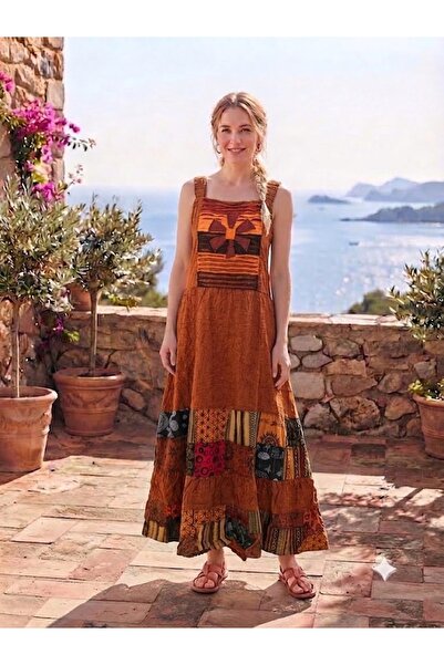 AYASOFYA OTANTIK Women's Indian Appliqué Detailed Strappy Long Dress
