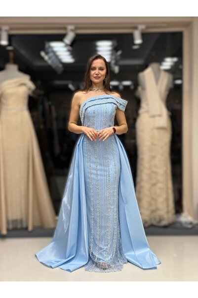 Estilo Fashion Γυναικείο βραδινό φόρεμα με έναν ώμο και πέτρινη κεντητή κάπα