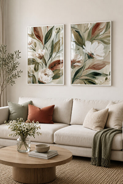 sayetablo Gentle Flora - Gerçek Cama Baskı Gold Alüminyum Metal Çerçeveli İki...