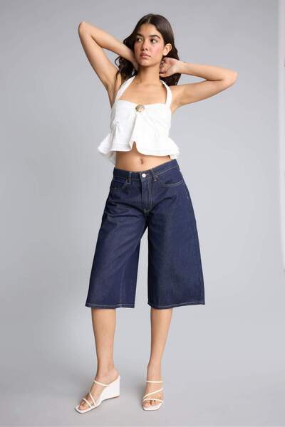 DeFacto High Waist Wide Leg Indigo Bermuda Jean Shorts I2340Ax26Hs