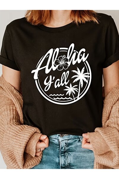12 HERTZ Aloha Print Round-neck T-shirt, Short-sleeve Casual Top for Summer a...