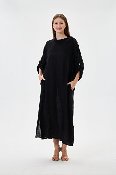 della moor Black Italian 100% Linen Degaje Collar Folded Long Sleeve Long Lin...