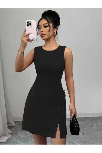 Generic Brand Women's Strappy Round Neck Slit Short Atlas Dress with Bow Detail