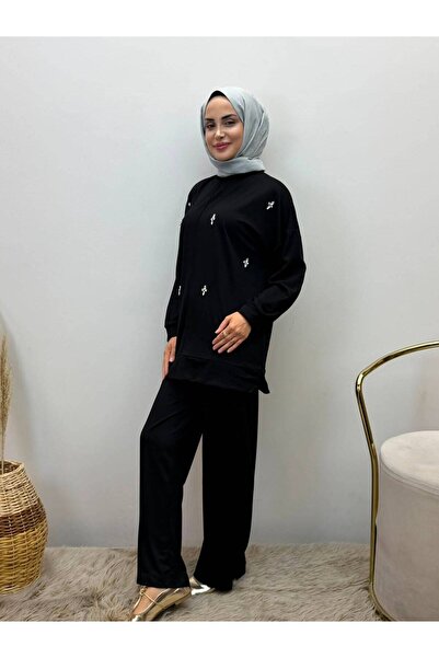 JOOQSTORE Stone-Embellished Two-Piece Modest Tunic and Pants Set