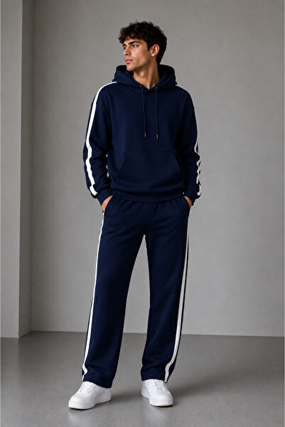 DAXİS Sportwear Company ERKEK ŞERİT DETAYLI KAPÜŞONLU EŞOFMAN TAKIMI Lacivert