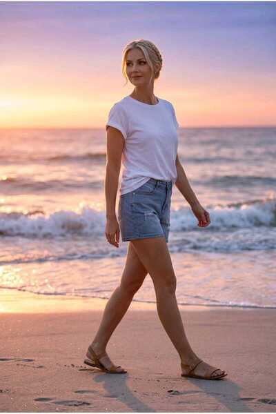 they11 Flat Leg 40 cm Blue Shorts, Lycra Flexible High Waist Women's Denim Sh...